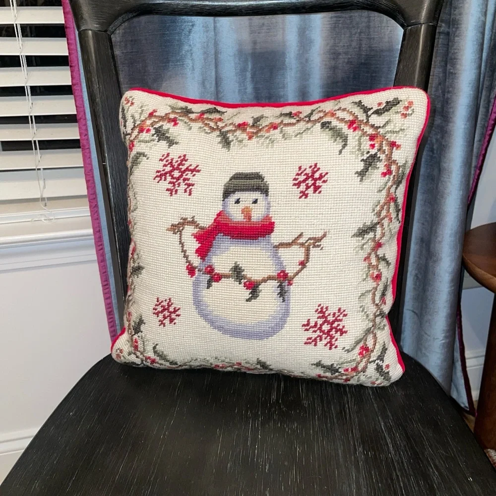 100% Wool Handmade Needle Point  snowman Pillow Christmas 13x13”